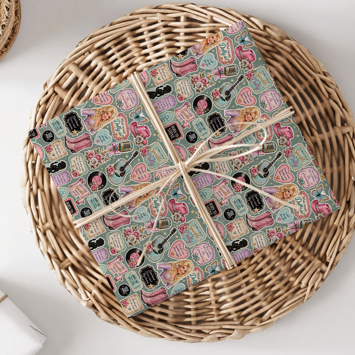 Retro Sticker Dolly Parton Wrapping Paper – Christmas Gift Wrap for Fans