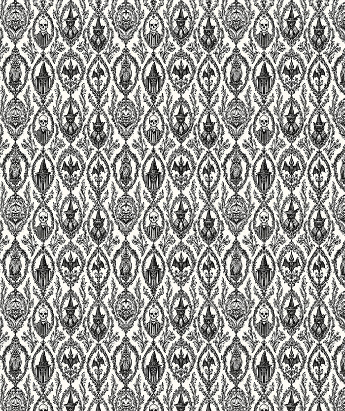 White Damask Skulls Gothic Doll Wrapping Paper – Spooky Gift Wrap