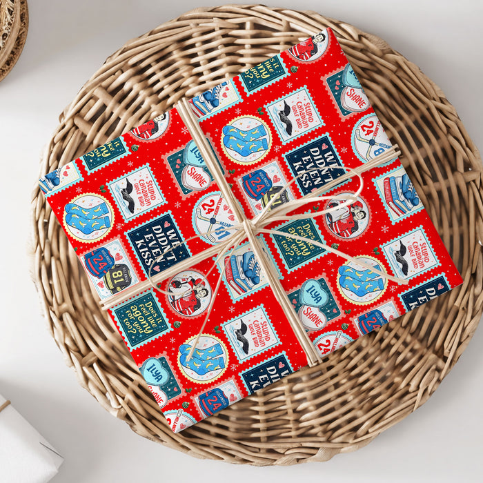 Red Stamps Heated Rivalry Wrapping Paper – Hockey Romance Gift Wrap for Fans