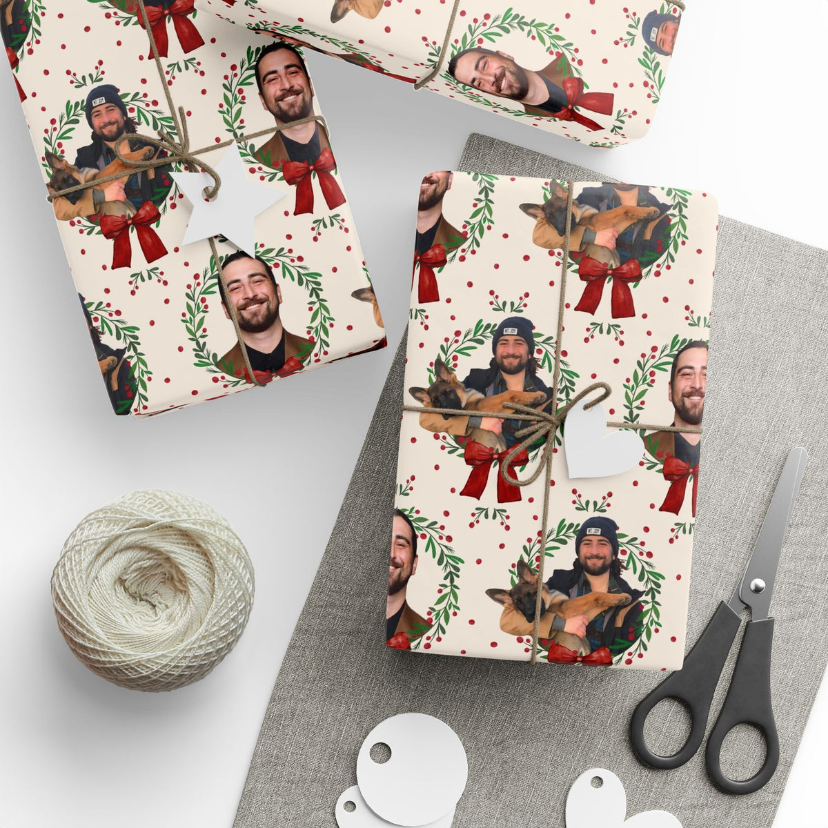 Cream Wreath Dog Portraits Red Bows Noah Kahan Christmas Wrapping Paper – Stick Season Gift Wrap