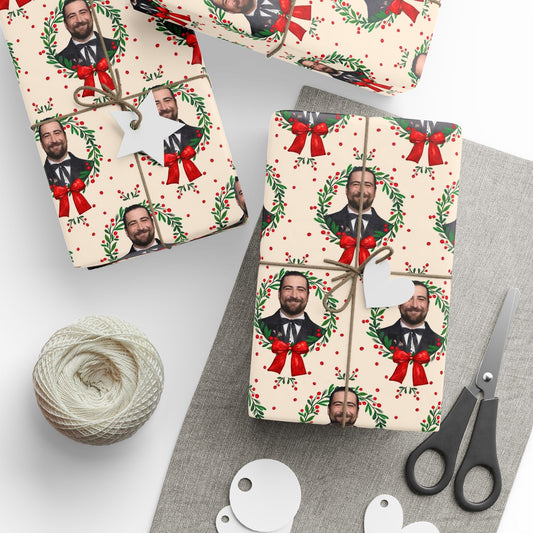 Cream Wreath Tuxedo Portraits Red Bows Noah Kahan Christmas Wrapping Paper – Folk Indie Music Fan Gift