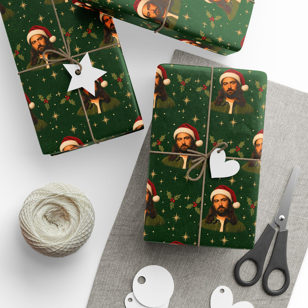 Green Santa Hat Holly Stars Noah Kahan Christmas Wrapping Paper – Vermont Woodsy Holiday Paper for Gifts