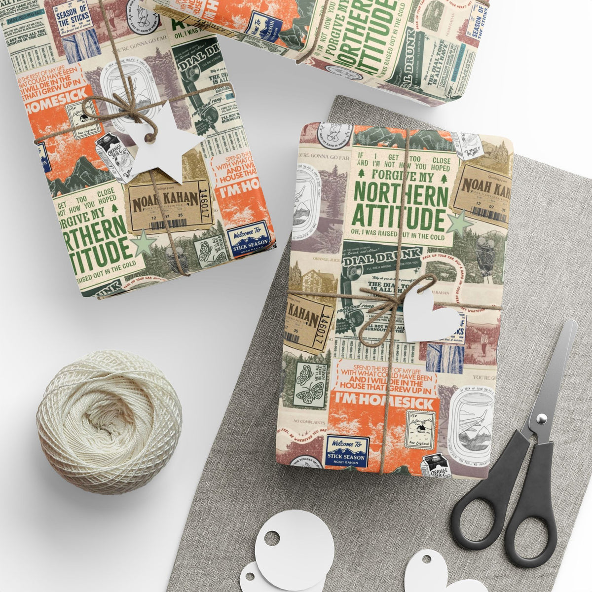 Northern Attitude Collage Noah Kahan Wrapping Paper – Vermont Woodsy Holiday Paper for Gifts