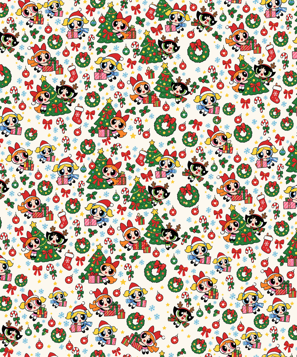 Cream Wreaths Powerpuff Girls Wrapping Paper – Christmas Gift Wrap for Fans