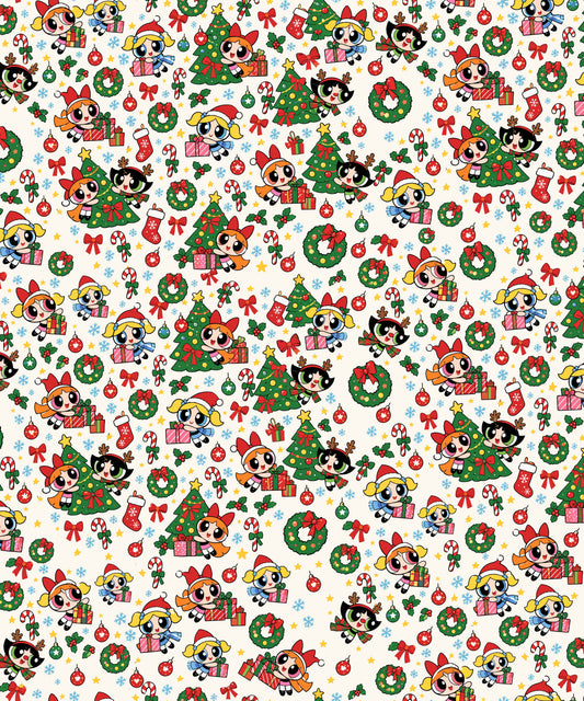 Cream Wreaths Powerpuff Girls Wrapping Paper – Christmas Gift Wrap for Fans