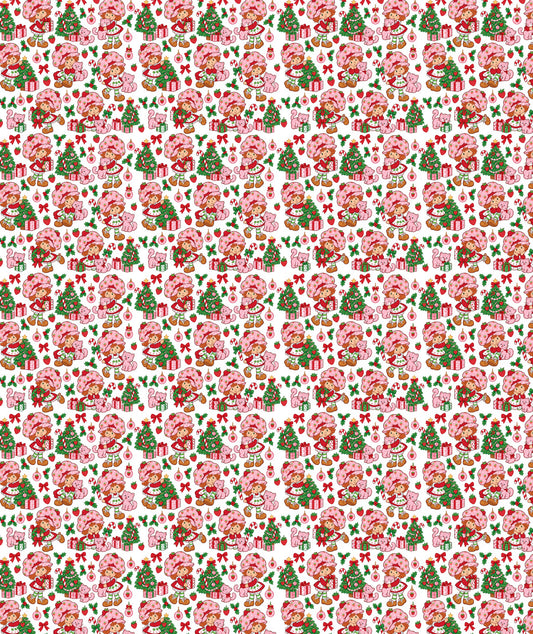 White Christmas Trees Strawberry Shortcake Wrapping Paper – Christmas Gift Wrap for Fans