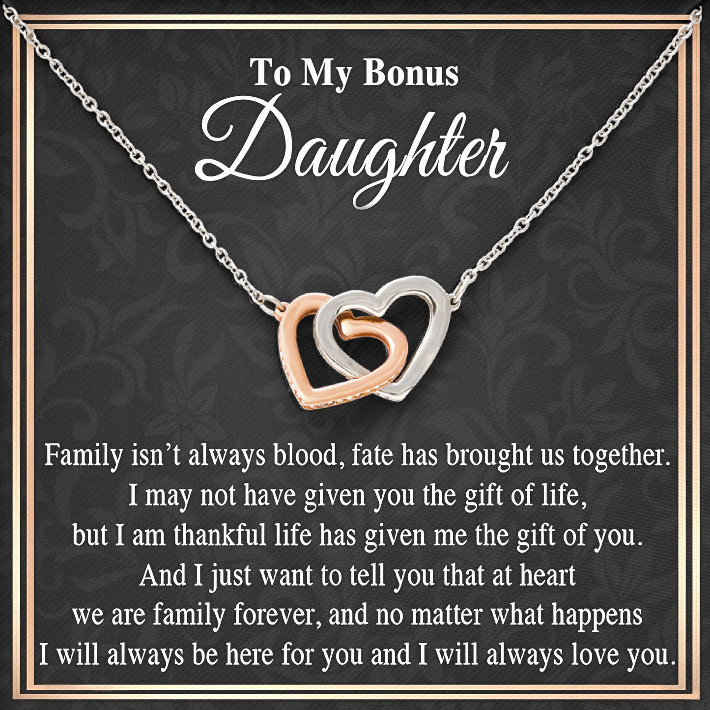 To My Bonus Daughter Necklace Message & Elegant Box, Jewelry Gift For Birthday, Graduation, Valentines, Mothers Day