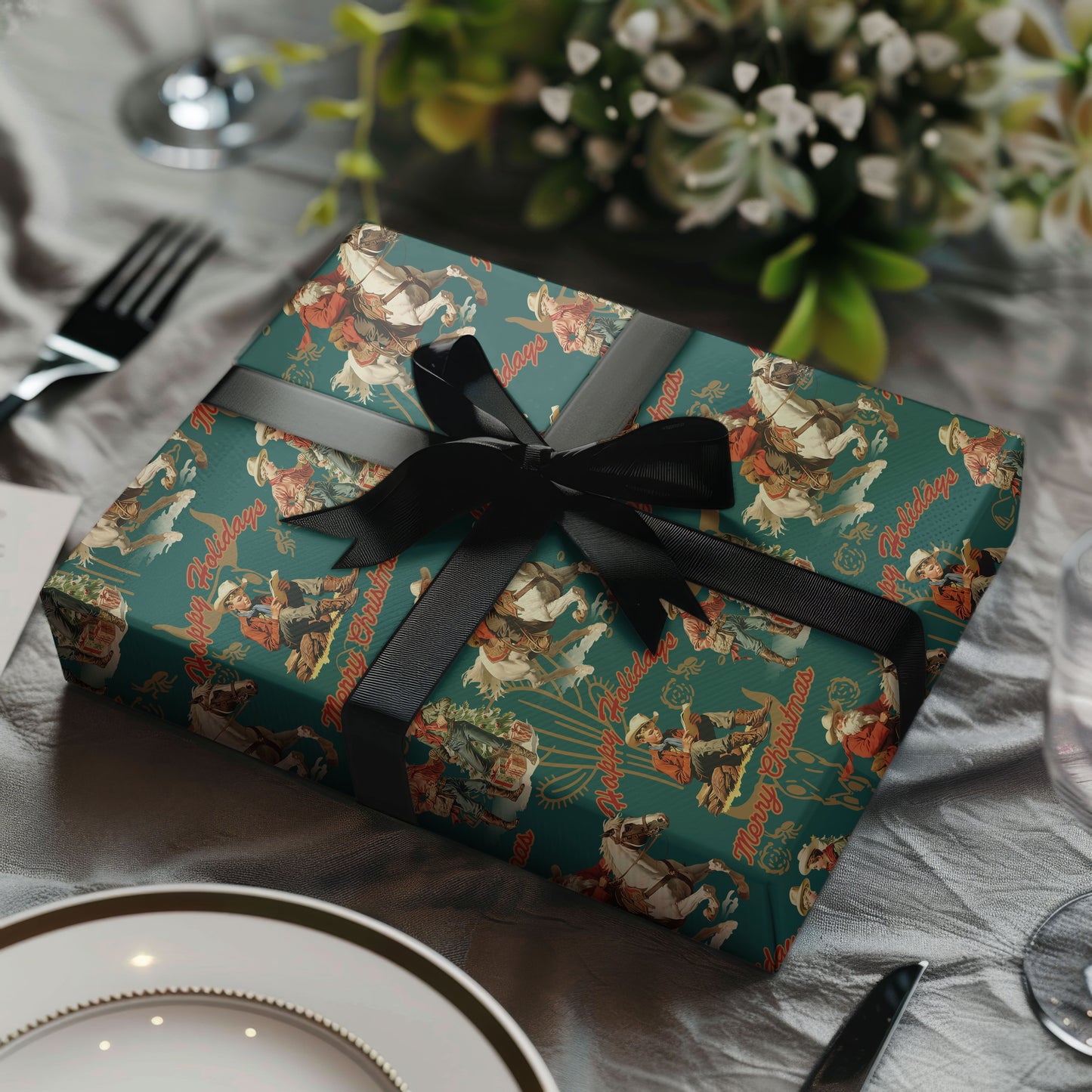Santa Cowboy Christmas Wrapping Paper, Holiday Gift