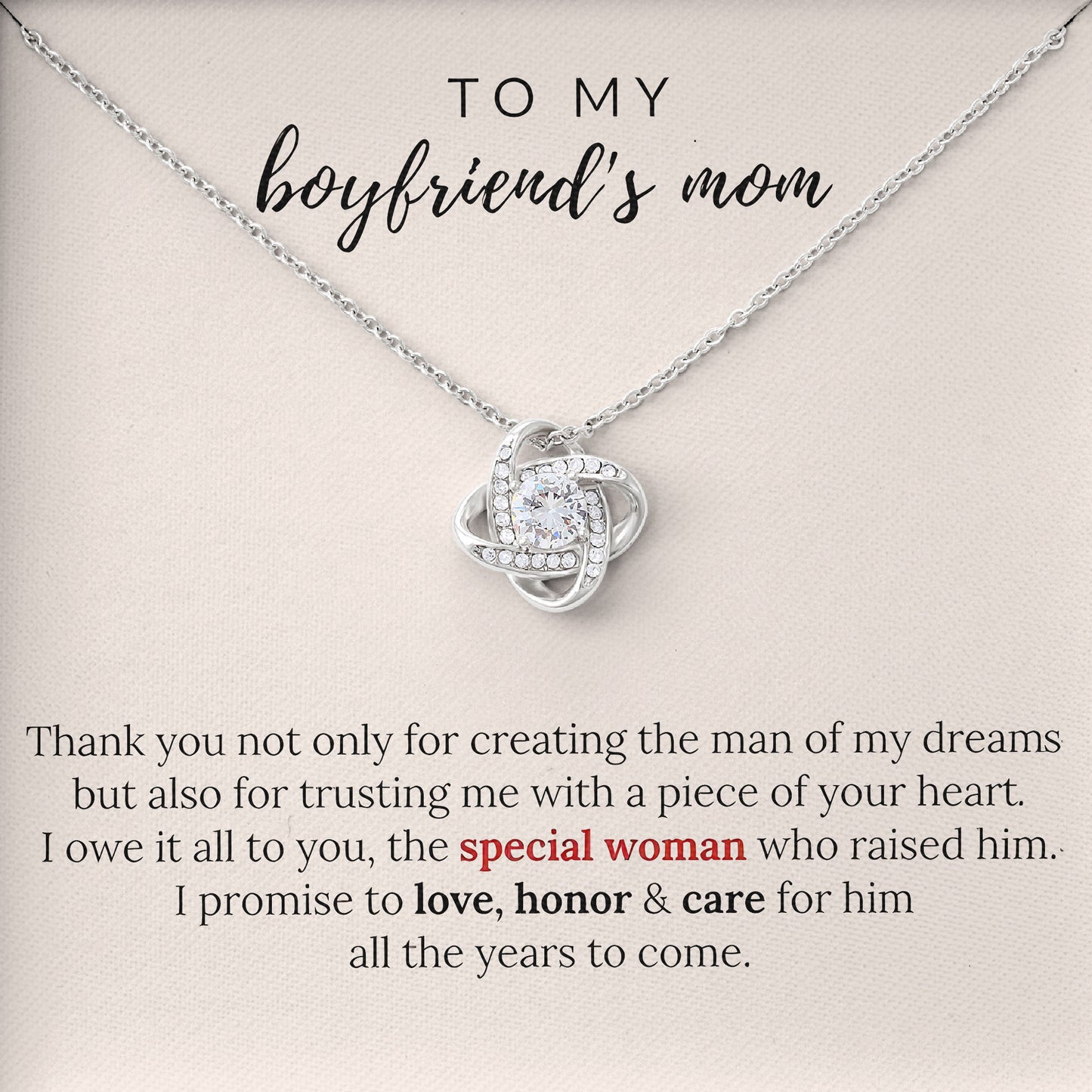 To My Boyfriend's Mom Necklace, Silver Love Knot Necklace for Women, Mothers Day Wedding Valentines Birthday Gifts