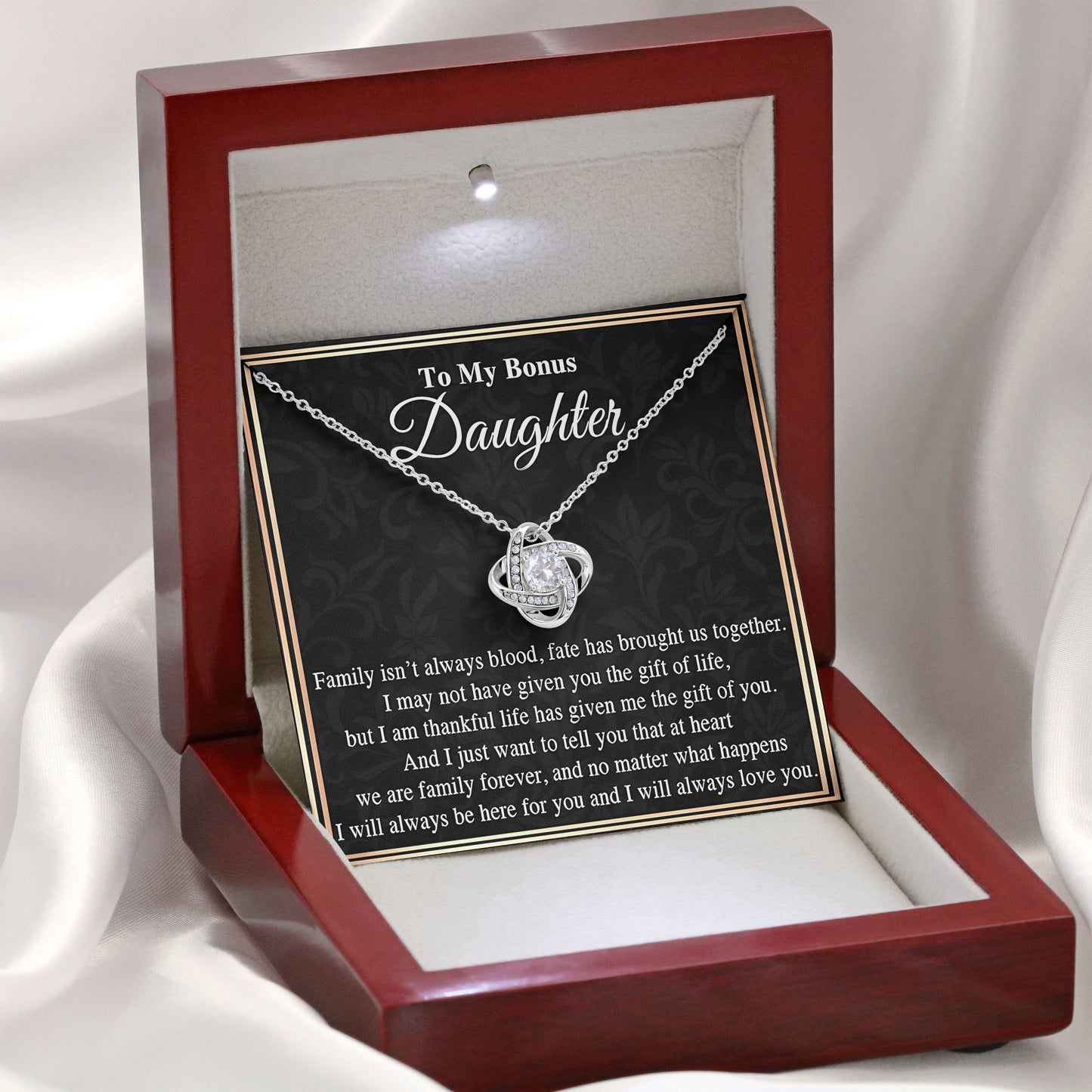 To My Bonus Daughter Necklace Message & Elegant Box, Jewelry Gift For Birthday, Graduation, Valentines, Mothers Day
