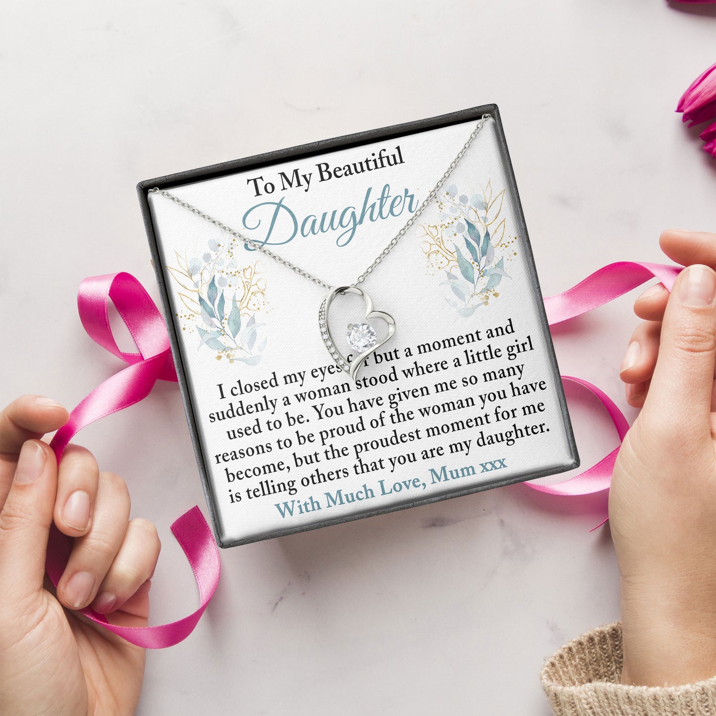 To My Beautiful Daughter Necklace Message & Elegant Box, Necklace Gifts For Daughter, Valentines Day, Graduation, Birthday, Wedding, Christmas Gifts From Mom