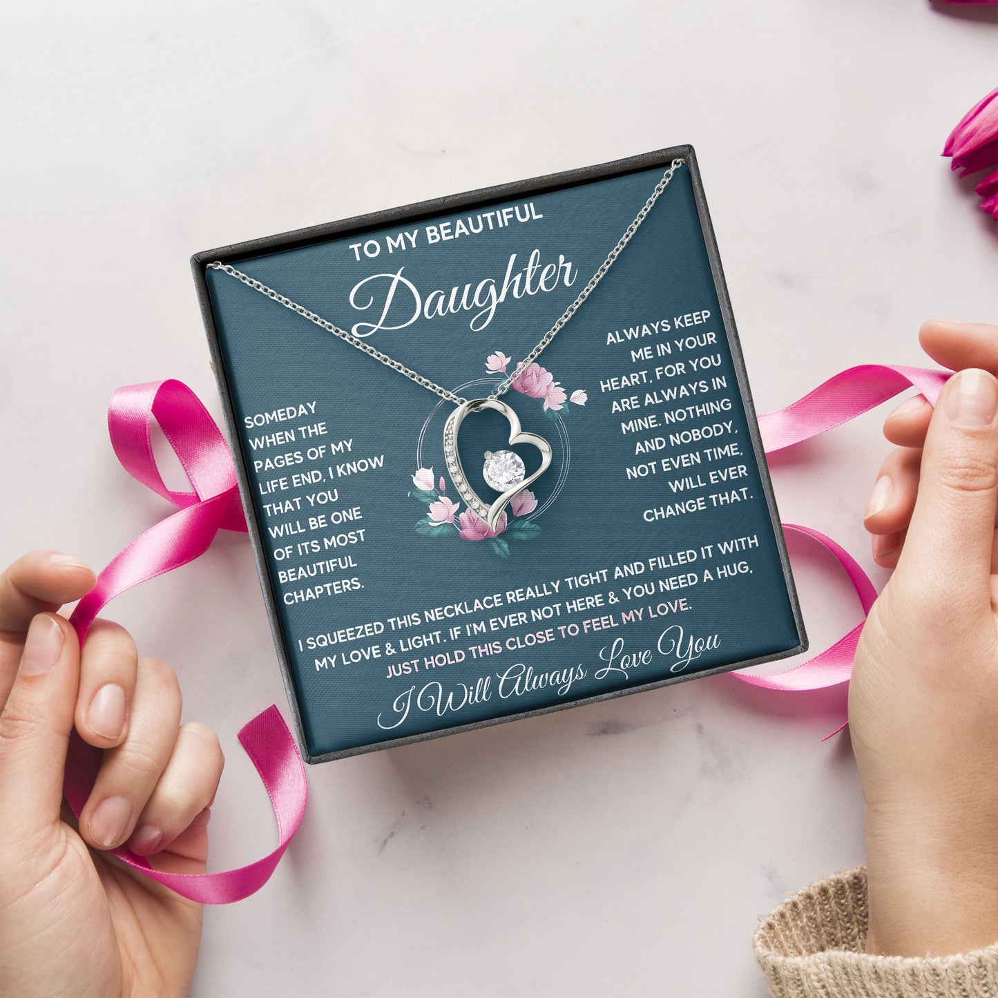 To My Beautiful Daughter Necklace 925 Sterling Silver Pendant Necklace Graduation Gifts Birthday Christmas Message Card＆LED Gift Box