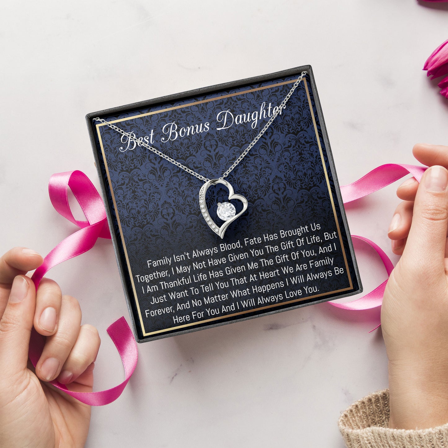 Best Bonus Daughter Necklace 925 Sterling Silver Pendant Necklace Graduation Gifts Birthday Christmas Message Card＆LED Gift Box