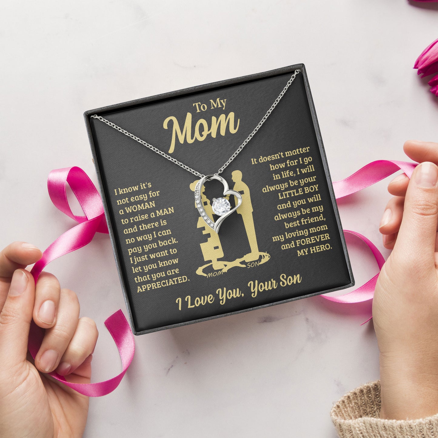 To My Mom Necklace with Message Card, Mothers Day Gift from Son, Sentimental Birthday Valentine Gifts