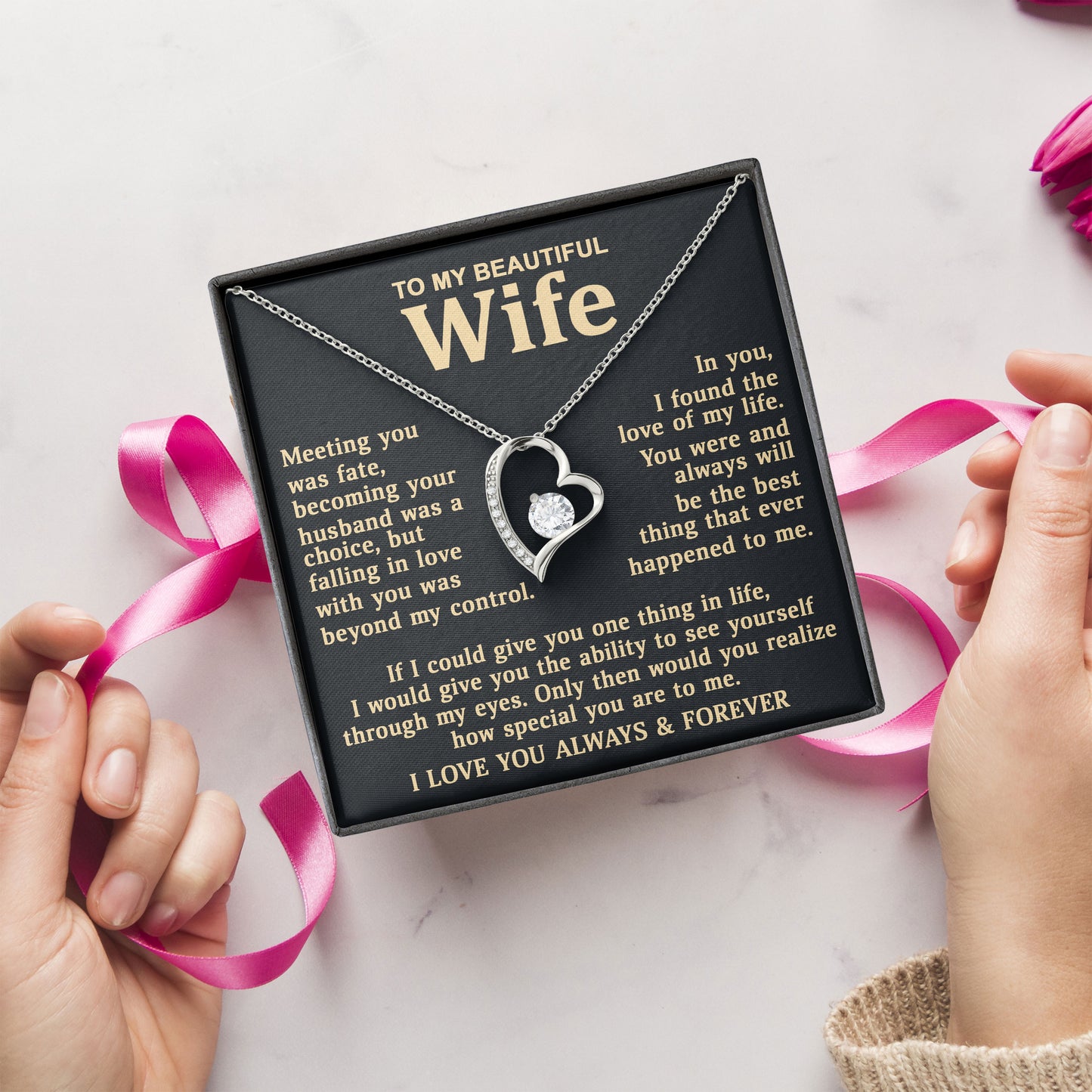 To My Beautiful Wife Gift Idea, Husband to Wife Gift, Necklace Gift Box with Sentimental Message Card