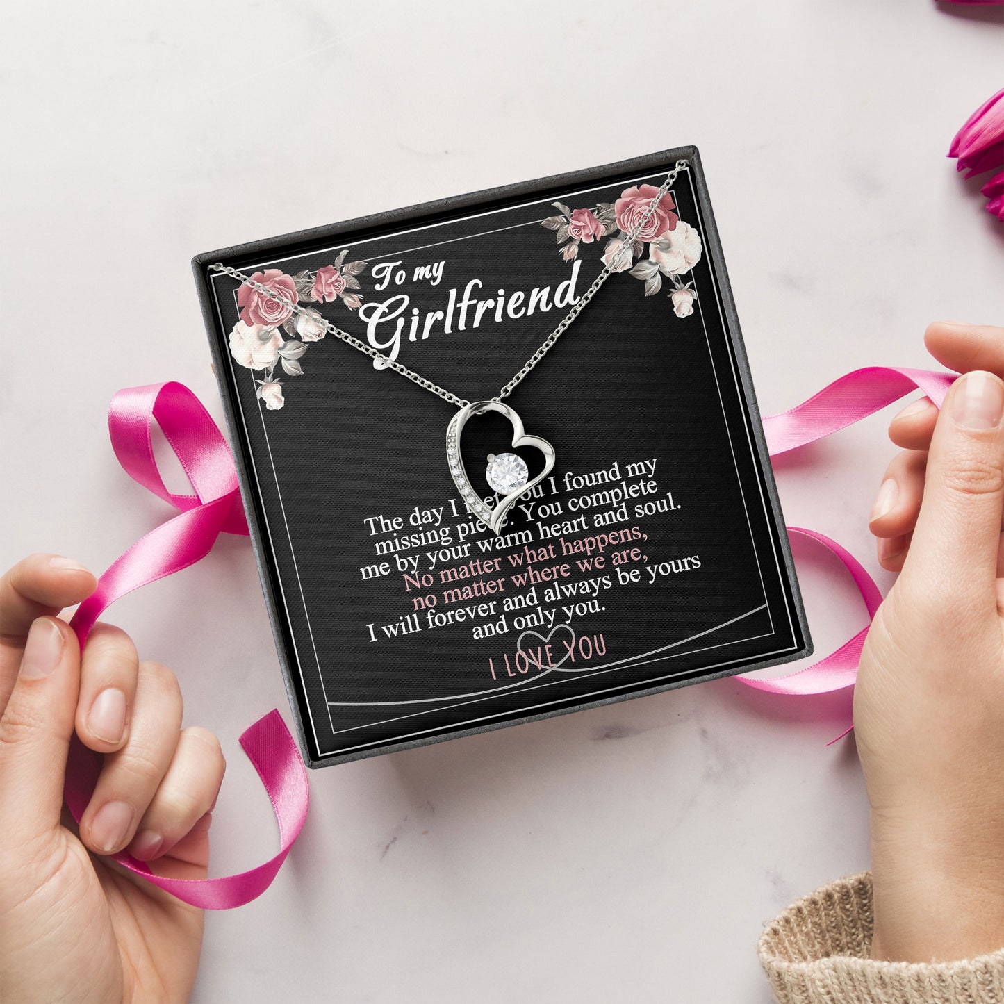 To My Girlfriend Heart Necklace – Romantic Gift Box with Sentimental Message Card from Boyfriend