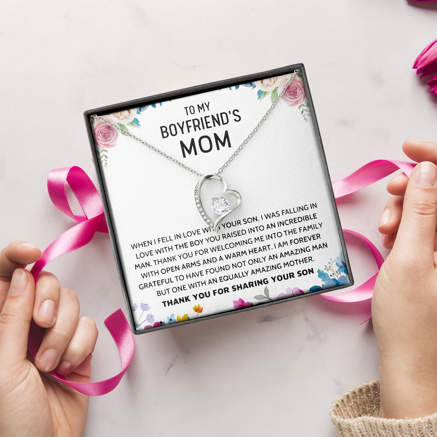 To My Boyfriend's Mom Necklace, Valentines Day, Birthday Gift, Mother's Day with Message Card and Box Meaning