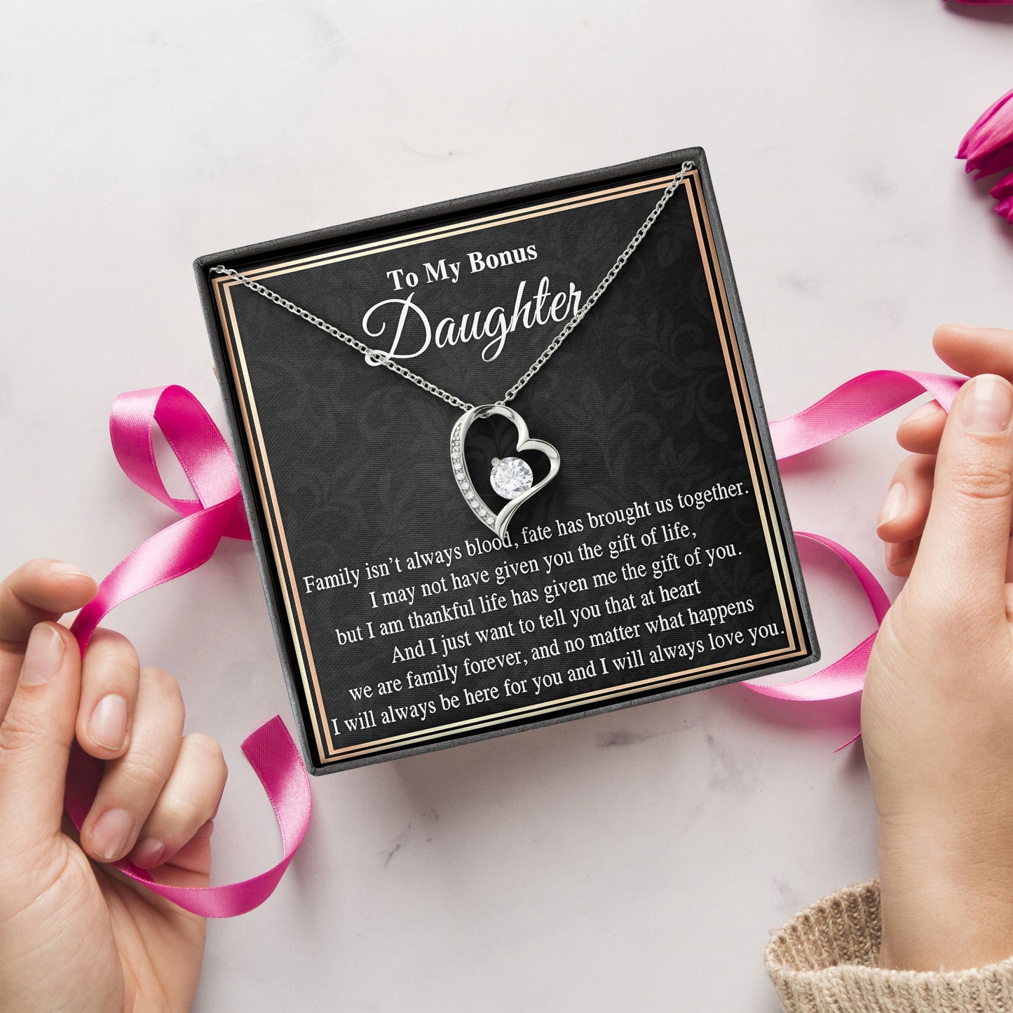 To My Bonus Daughter Necklace Message & Elegant Box, Jewelry Gift For Birthday, Graduation, Valentines, Mothers Day