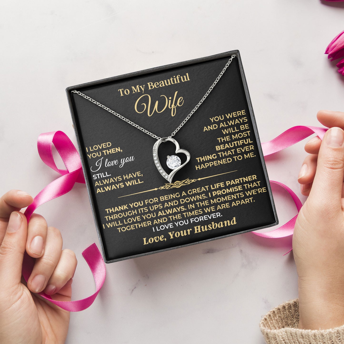 To My Beautiful Wife Necklace 925 Sterling Silver, Message Card＆LED Gift Box