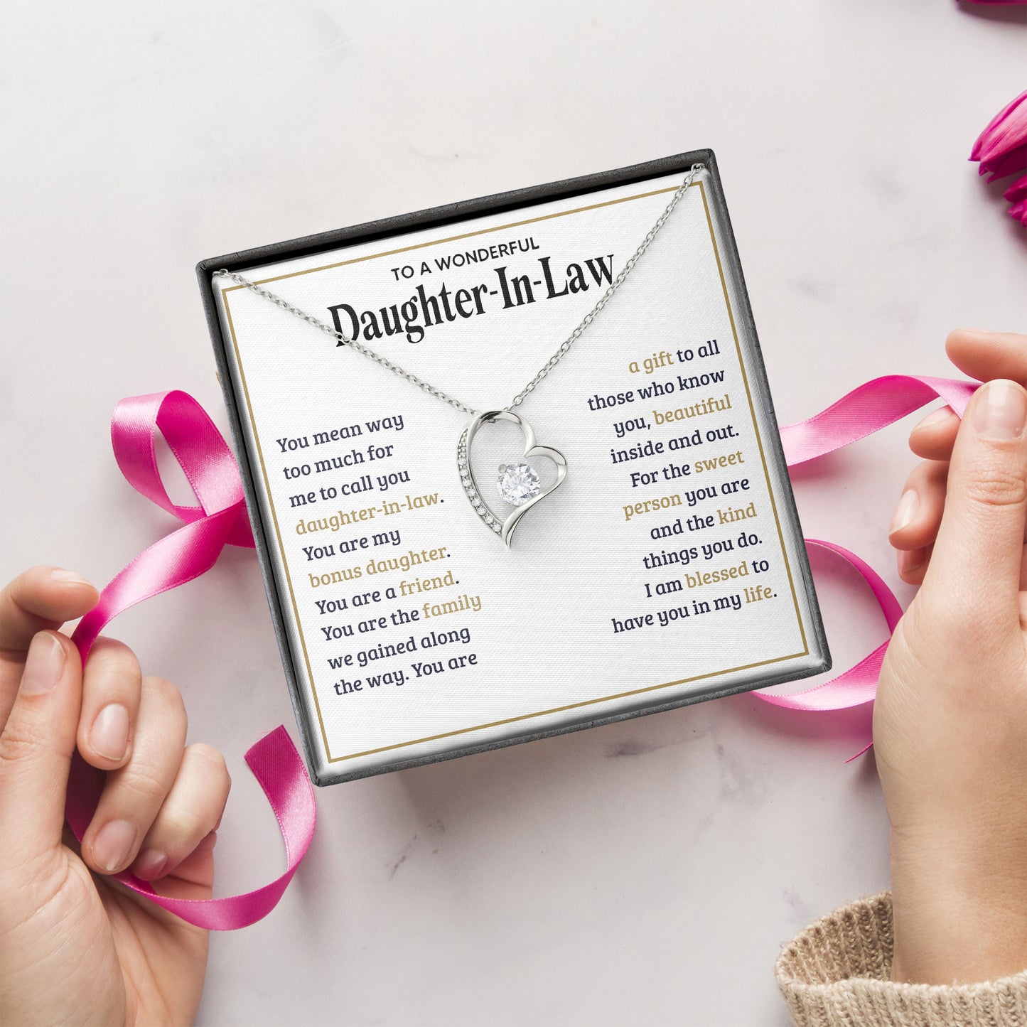 To A Wonderful Daughter In Law Necklace Message & Elegant Box, Necklace Gifts For Daughter, Valentines Day, Graduation, Birthday, Wedding
