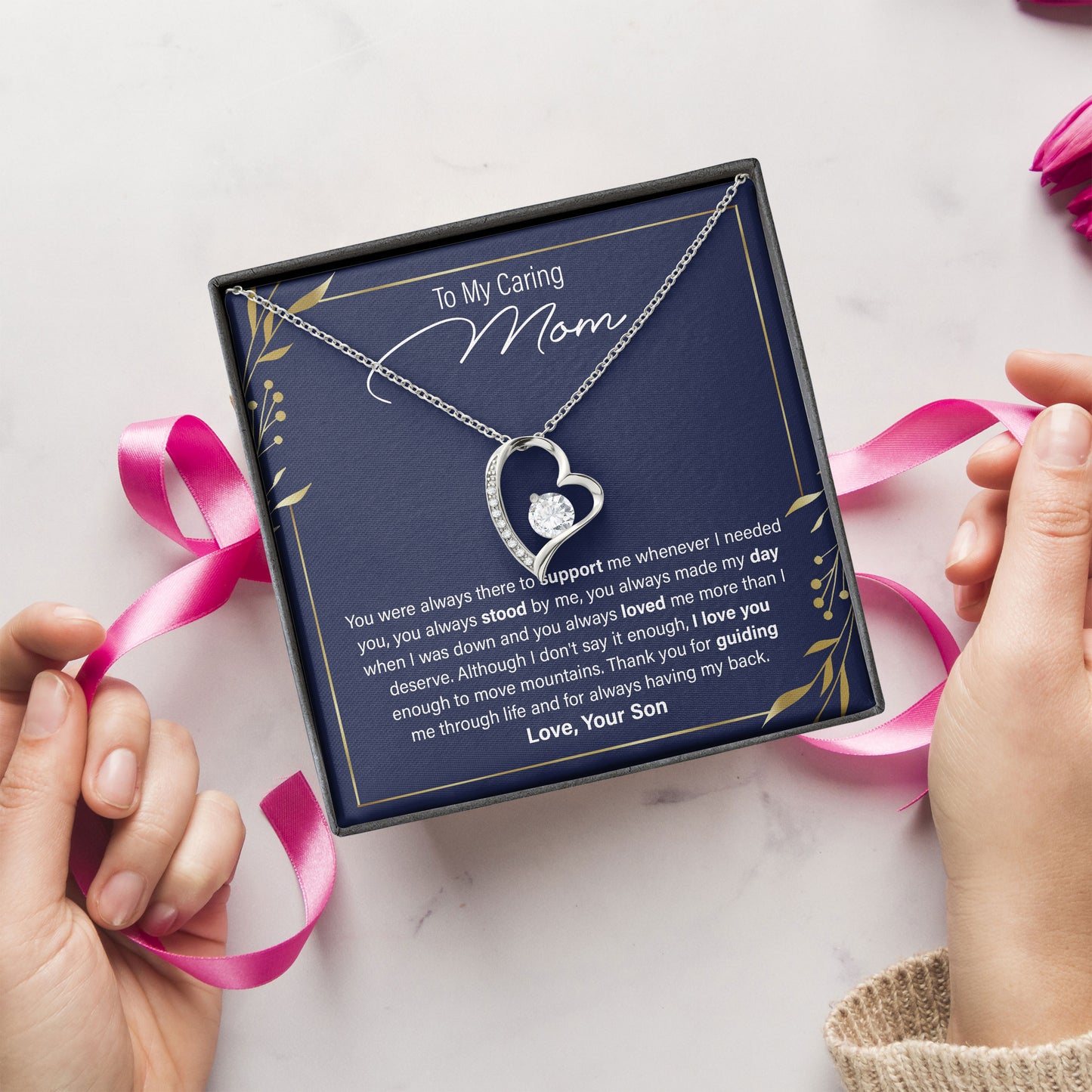 To My Caring Mom Necklace with Loving Message