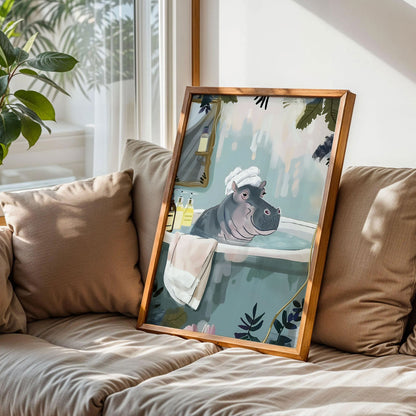 Hippo in Bathtub Bathroom Print Art