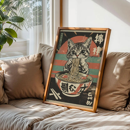Black Cat Eating Noodles Poster