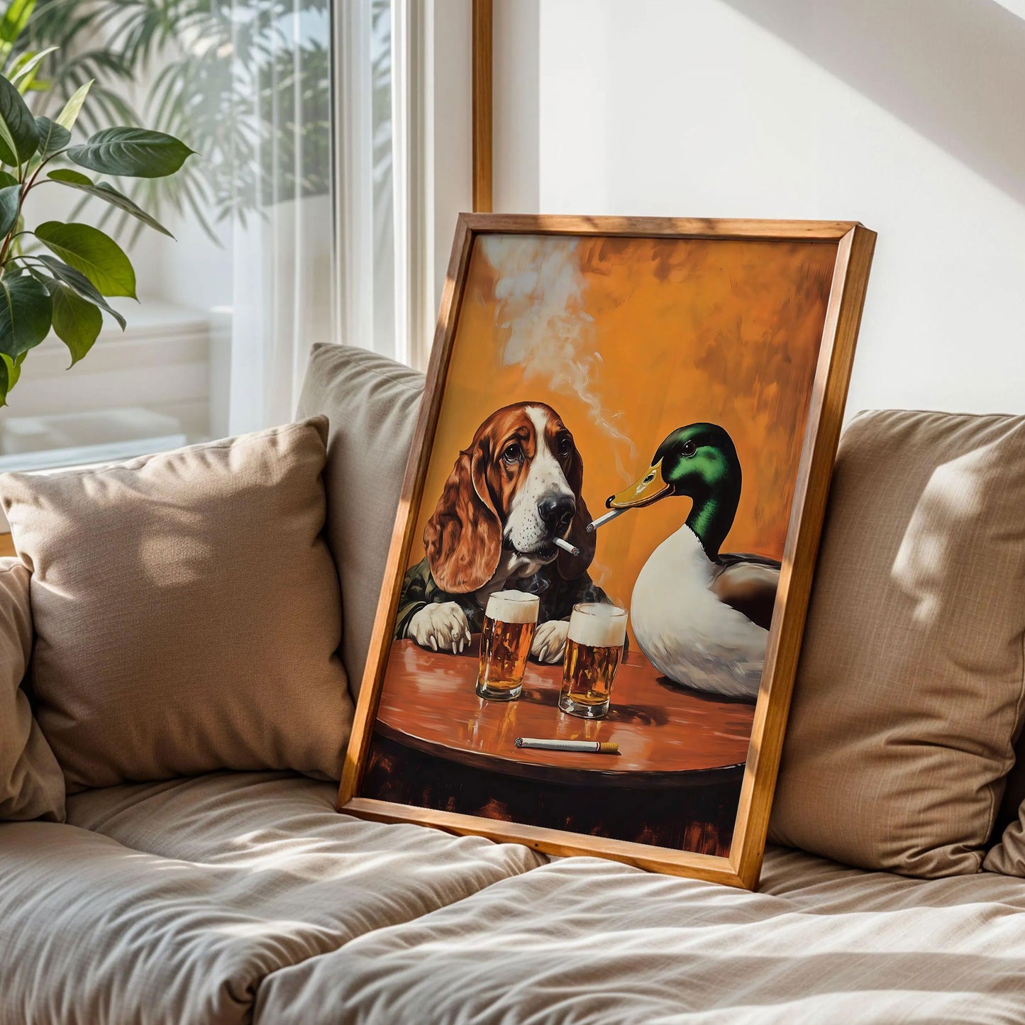 Basset Hound and Mallard Duck Smoking Cigarettes Art