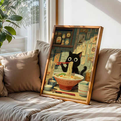 Black Cat Ramen Japanese Art Print
