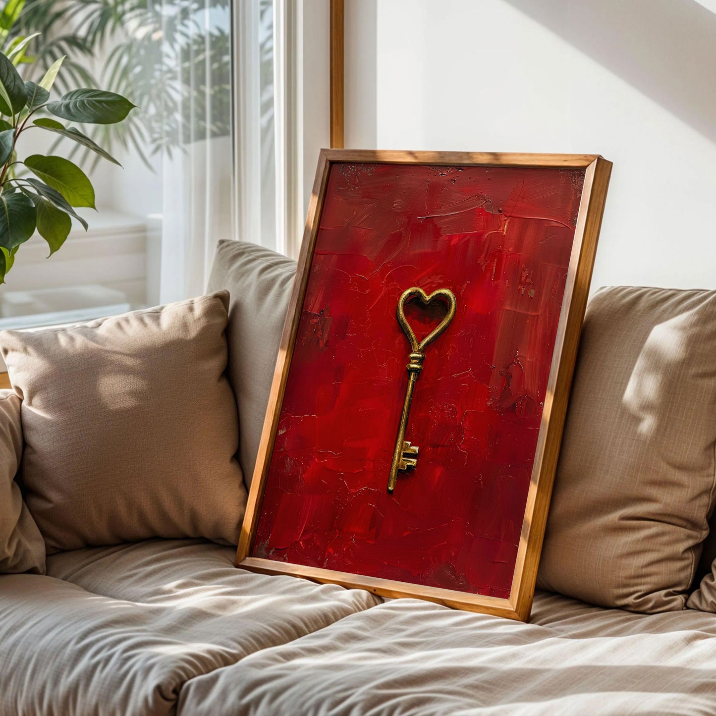 Gold Heart Key on Red Art