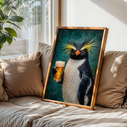 Quirky Penguin Holding Beer Poster