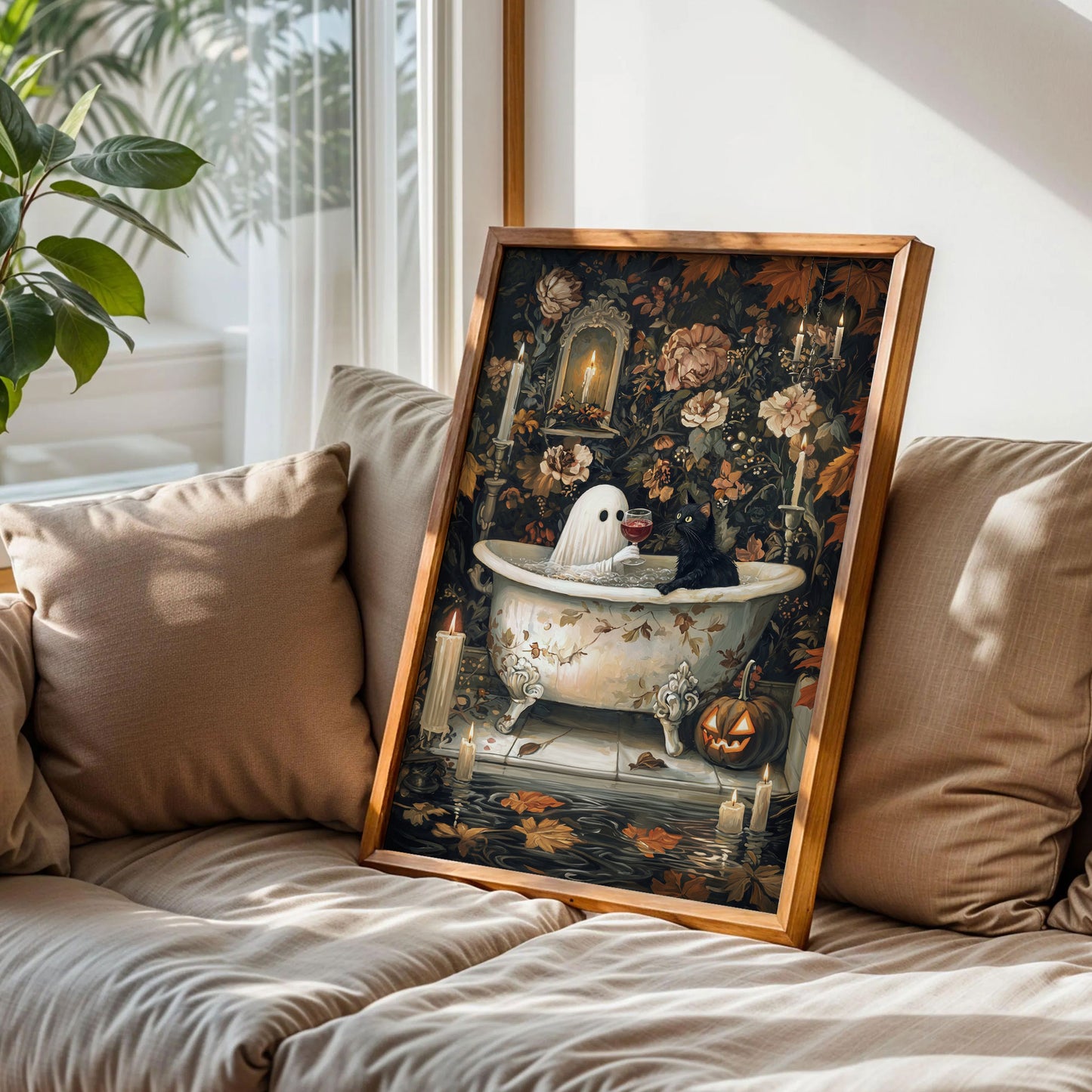 Ghost and Wine with Cat in Bathtub Poster