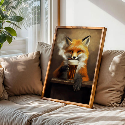 Red Fox Drinking Beer And Smoking Bar Poster