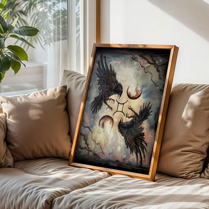 Two Crows Flying with Star Sign Surreal Moons Poster