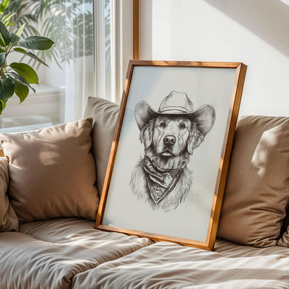 Golden Retriever Cowboy Sketch Print