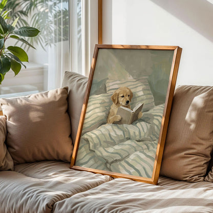 Cute Dog Reading Book in Bed Post