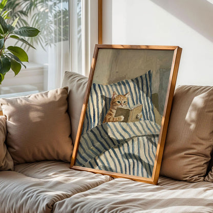 Orange Ginger Cat Reading Book in Bed Poster
