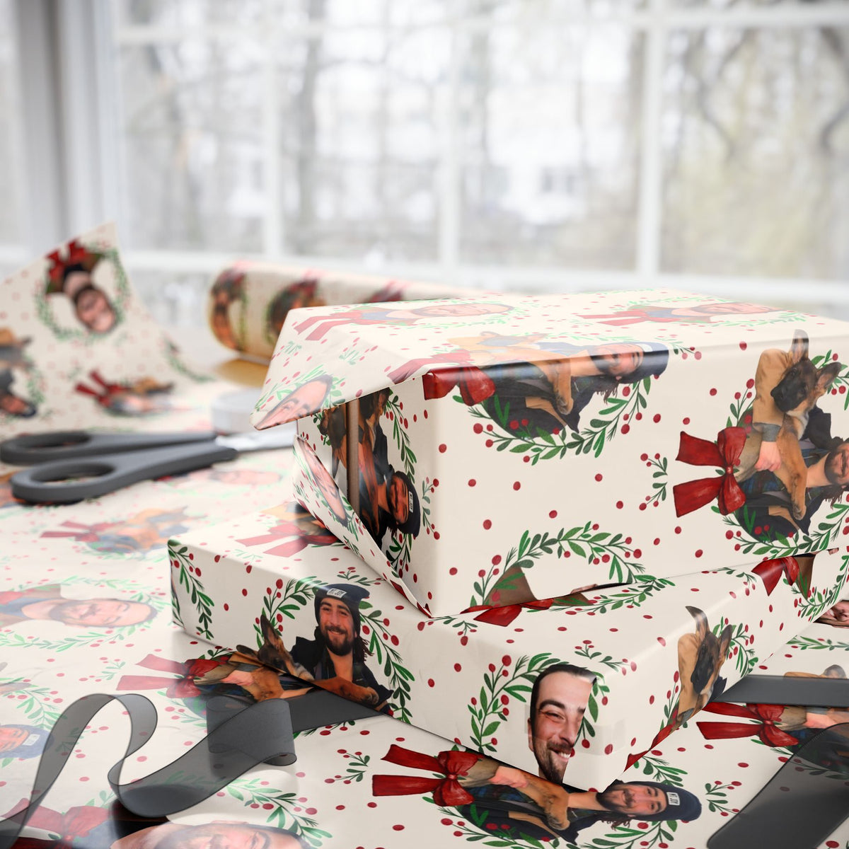 Cream Wreath Dog Portraits Red Bows Noah Kahan Christmas Wrapping Paper – Stick Season Gift Wrap