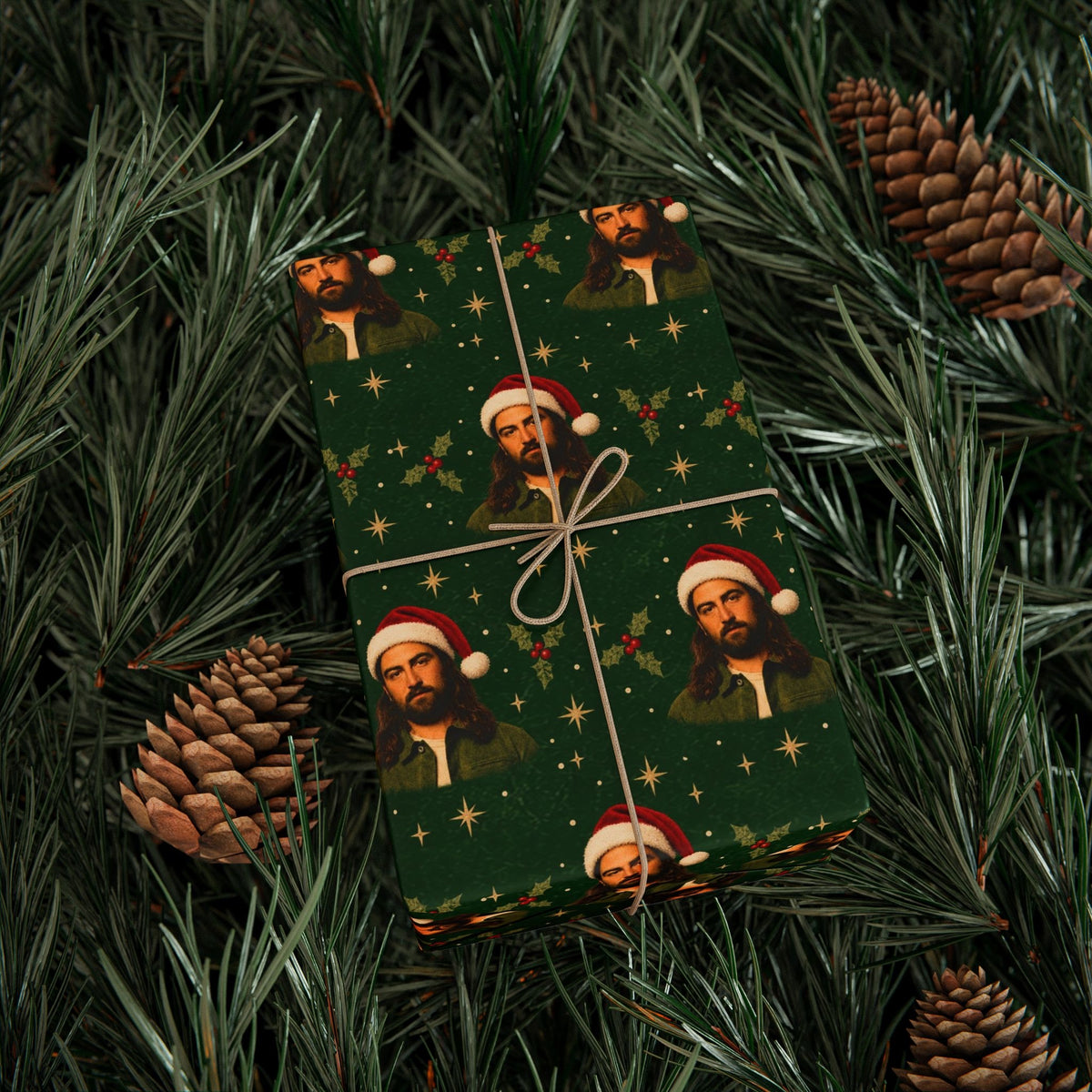 Green Santa Hat Holly Stars Noah Kahan Christmas Wrapping Paper – Vermont Woodsy Holiday Paper for Gifts