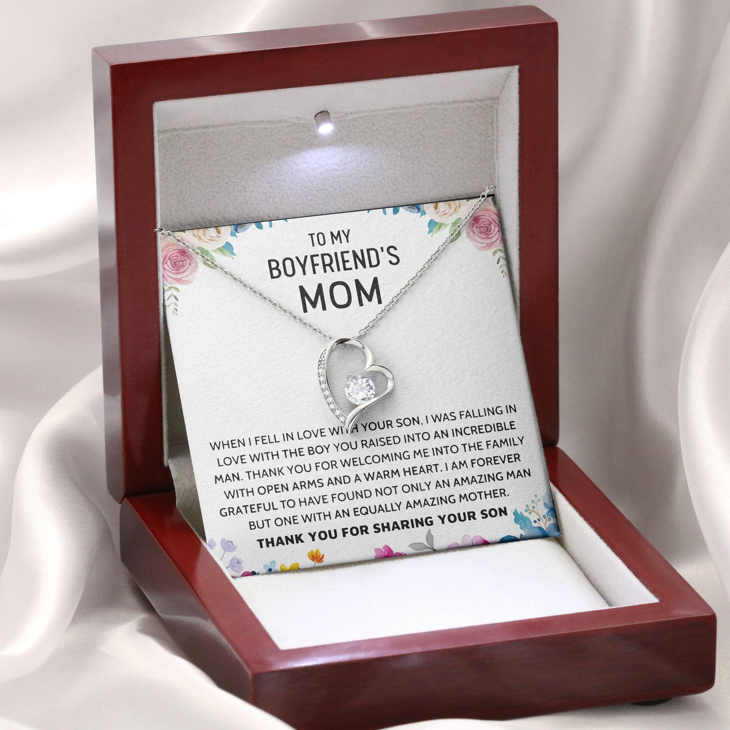 To My Boyfriend's Mom Necklace, Valentines Day, Birthday Gift, Mother's Day with Message Card and Box Meaning
