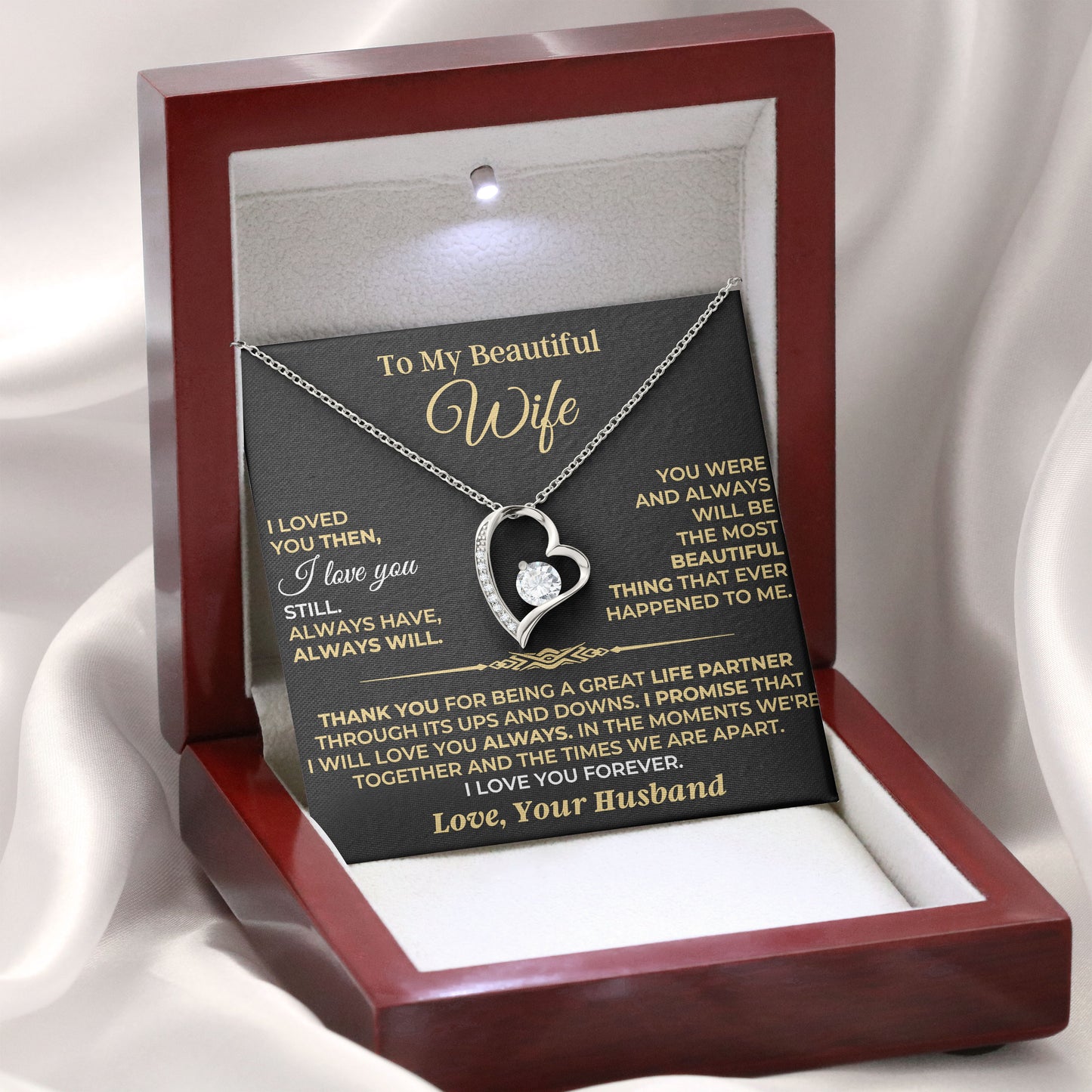 To My Beautiful Wife Necklace 925 Sterling Silver, Message Card＆LED Gift Box