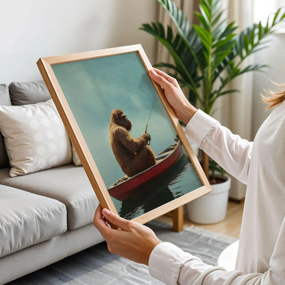 Funny Bigfoot Fishing in Canoe Print Art