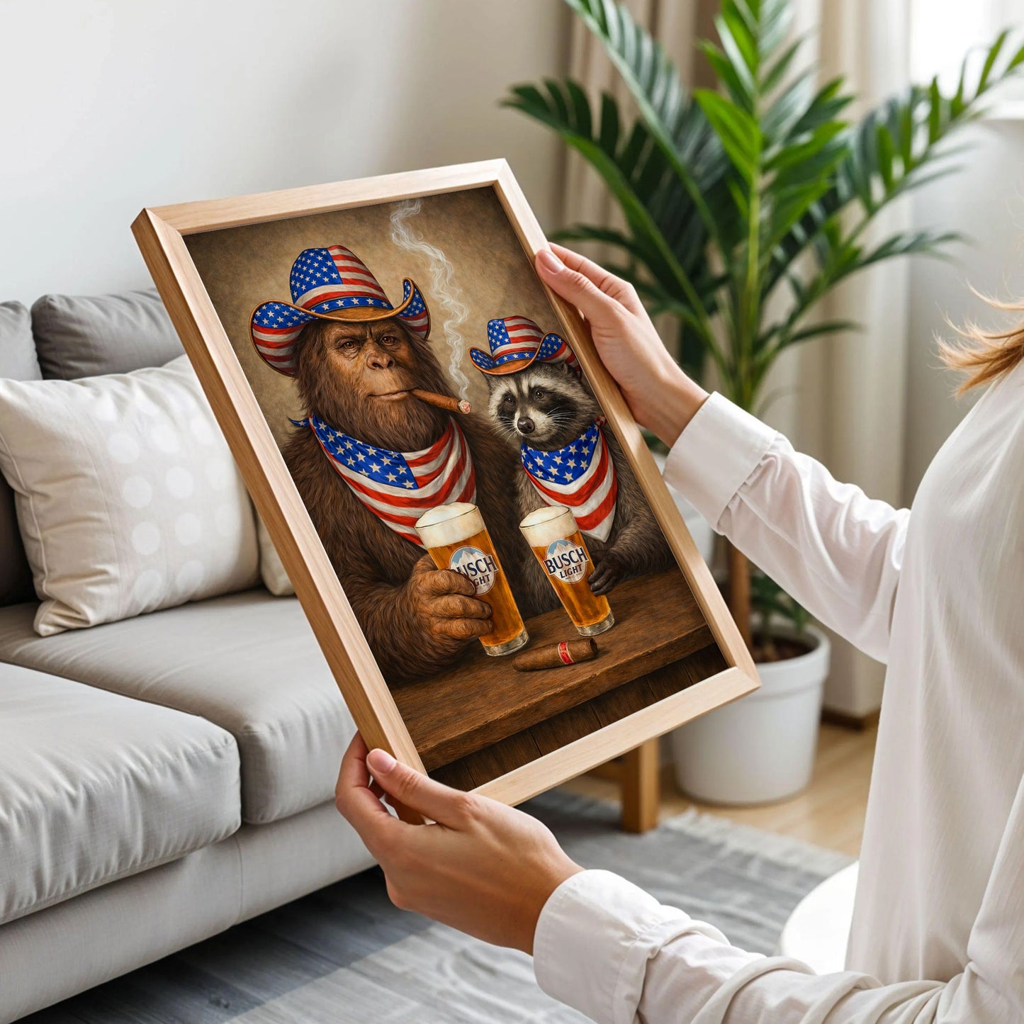 Raccoon and Bigfoot Laughter Vintage Poster