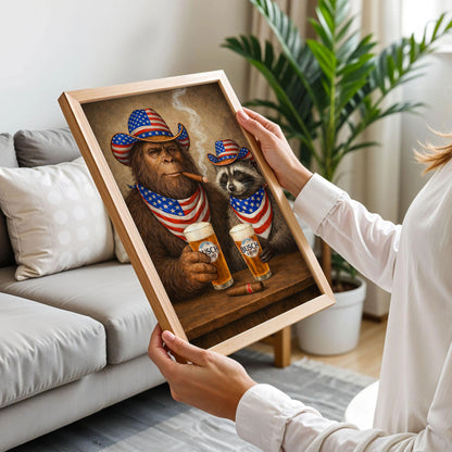 Raccoon and Bigfoot Laughter Vintage Poster