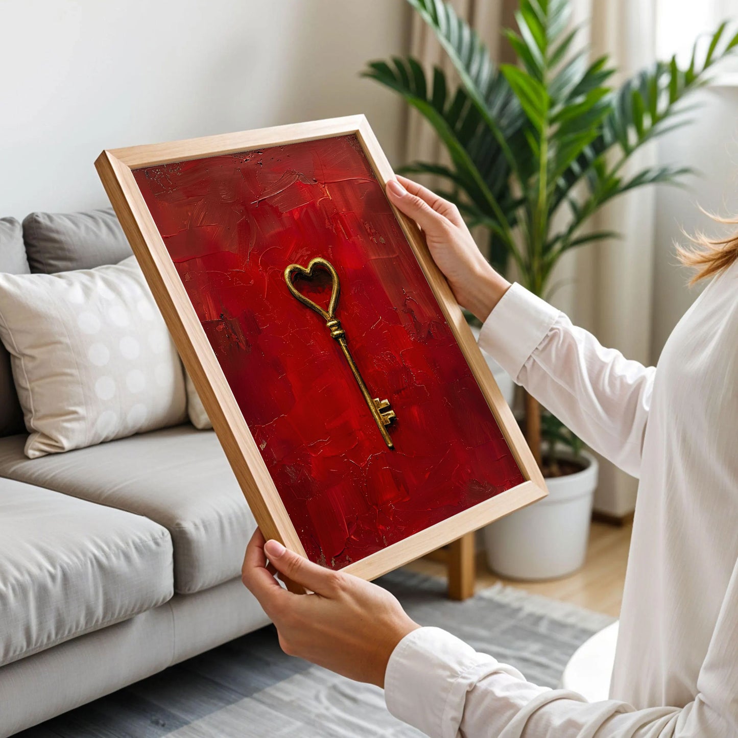 Gold Heart Key on Red Art