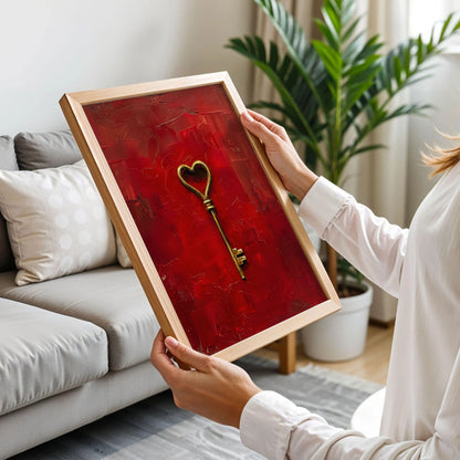 Gold Heart Key on Red Art
