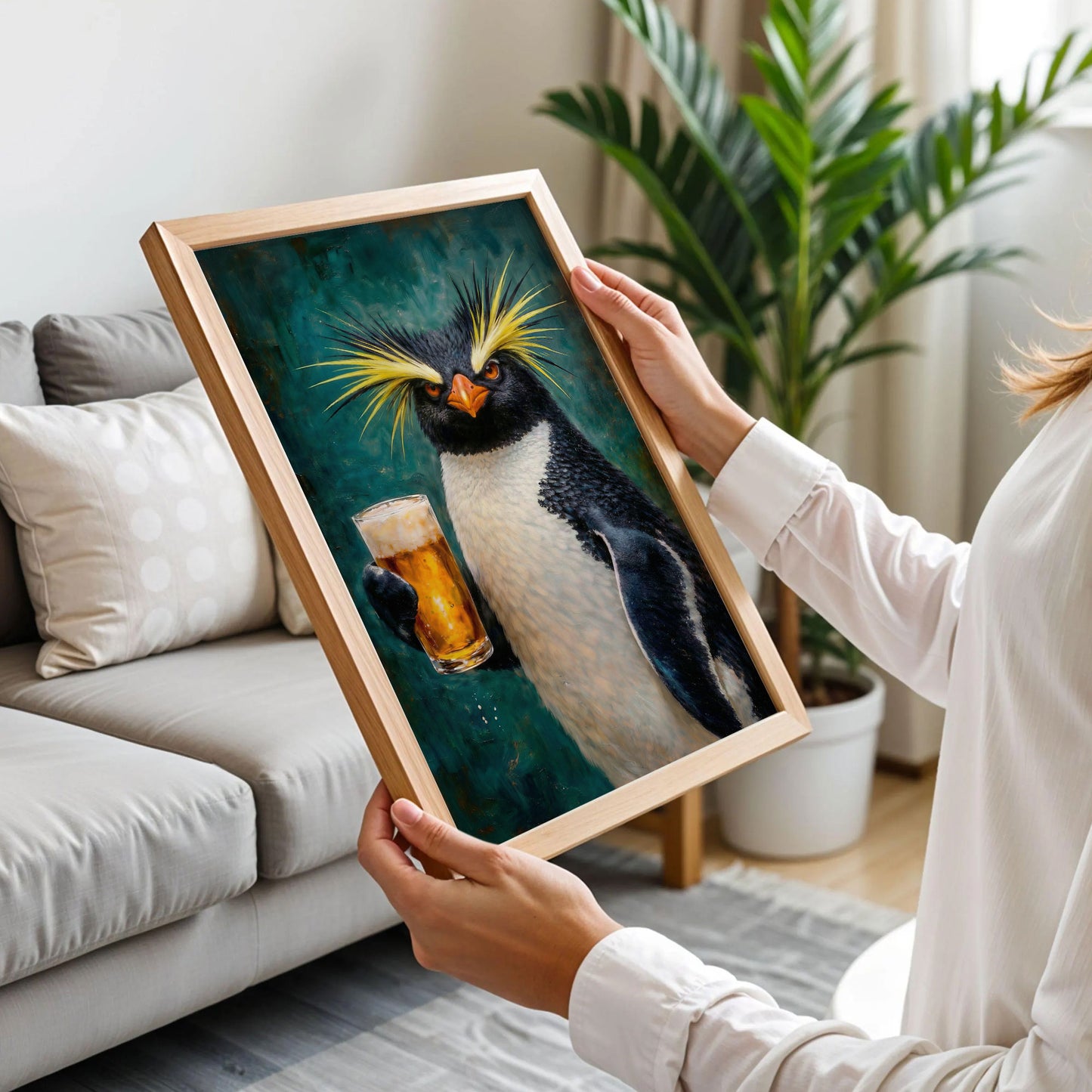 Quirky Penguin Holding Beer Poster