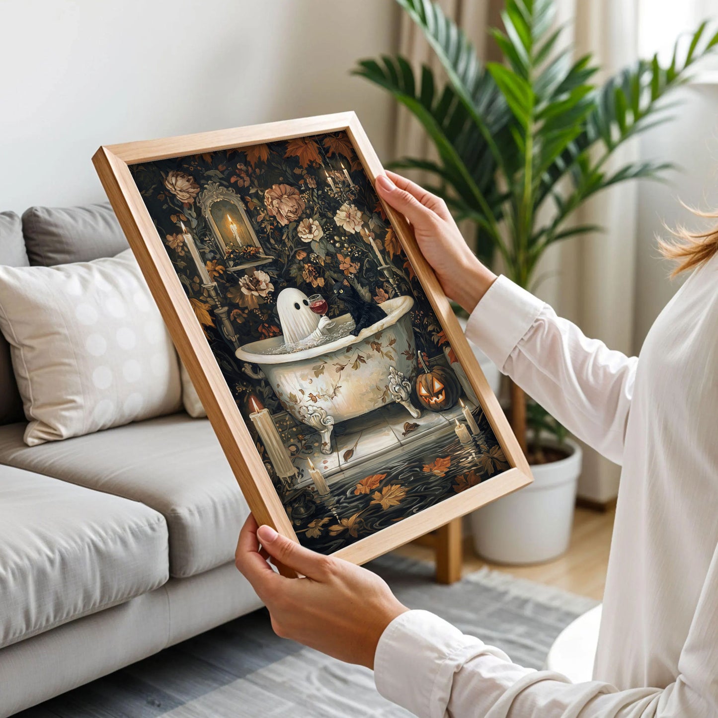 Ghost and Wine with Cat in Bathtub Poster