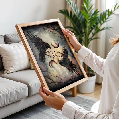 Two Crows Flying with Star Sign Surreal Moons Poster
