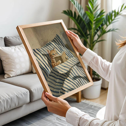 Orange Ginger Cat Reading Book in Bed Poster